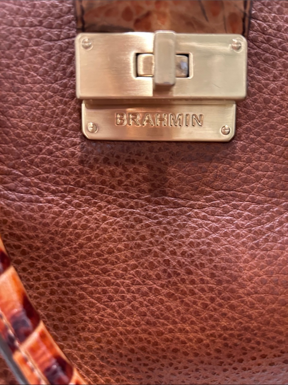 Brahmin Cognac Brown Leather Satchel with Croc-Embossed Trim and Gold Hardware. - Picture 3 of 6